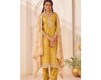 Yellow Color Salwar Kameez with Dupatta, Haldi Wear Readymade Outfit, Modern Desi Dress in USA, Punjabi Women Clothing