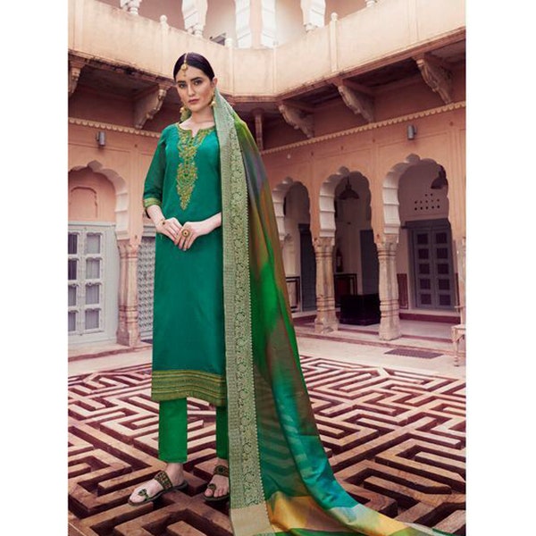 Banarasi Chanderi Silk Fabric Indian Wear Salwar Kameez Suits Embroidered,Khatli and Kantha Worked Cotton Trouser Top Suits Jacquard Dupatta