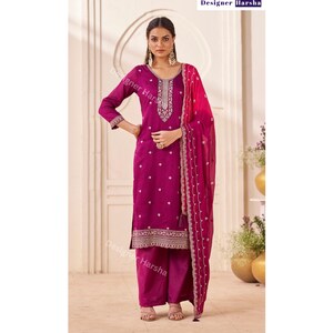 Embroidered Silk Georgette Salwar Kameez 3 piece Set, Purple Palazzo Kameez Suit Choice-1