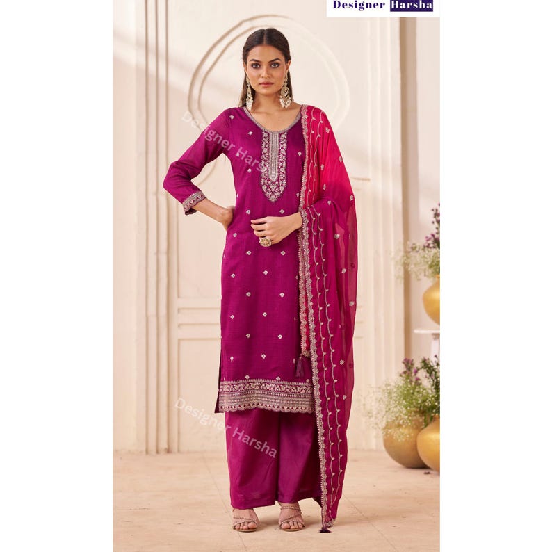 Embroidered Silk Georgette Salwar Kameez 3 piece Set, Purple Palazzo Kameez Suit Choice-1