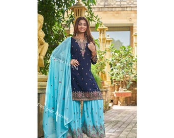 Pakistani Indian Wedding Georgette Outfits Heavy Embroidery Blue Sharara-Gharara with Dupatta Suits