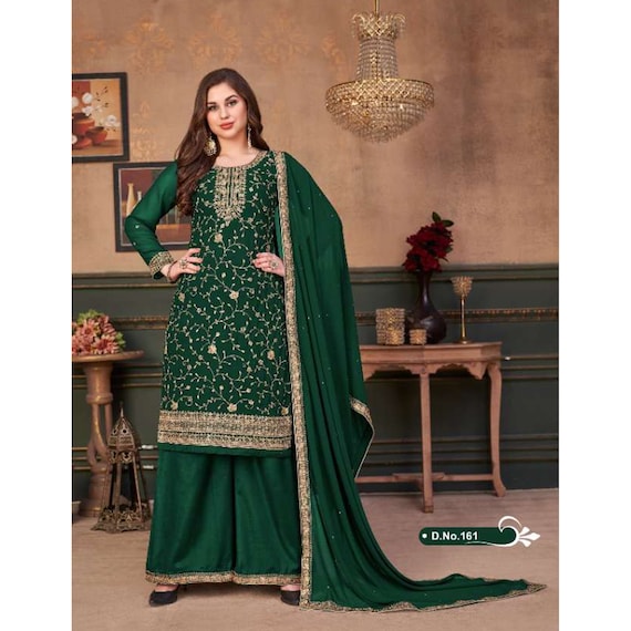 Buy Pant Style Salwar Suit -Green Color Embroidered Organza Suit – Empress  Clothing
