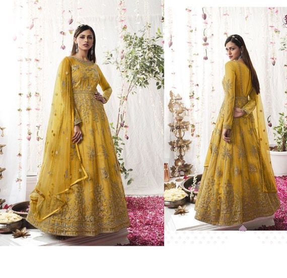 Lively Embroidered Yellow Rayon Readymade Designer Gown -