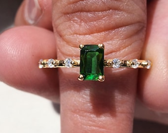Green Gemstone Ring, Slim Band with Side Stones, Unique Proposal Jewelry, Gift for Her, Yellow Gold 1 Carat Emerald Moissanite Ring
