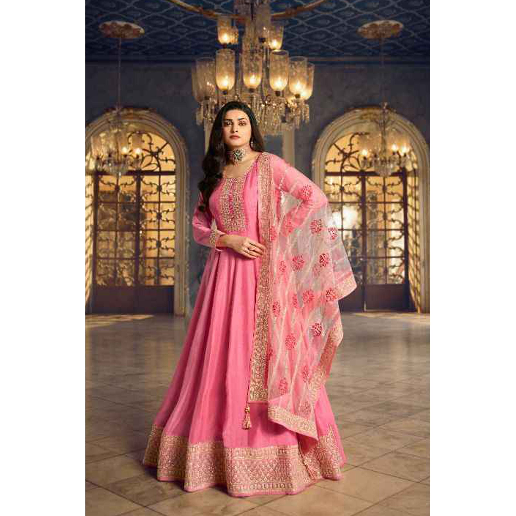 Pinkish Red Dola Silk Semi Stitched Anarkali Suit Online FABANZA