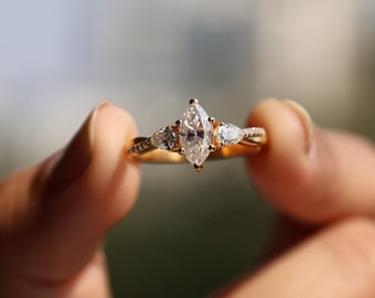 Marquise Cut Diamond Ring, Three Stone Engagement Ring, 18k Yellow Gold Promise Ring, Dainty Stackable Ring Gift for Her