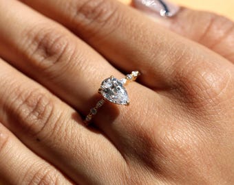 2ct Pear Moissanite Diamond Ring / Stunning Wedding Band with Side Marquise & Round Diamonds / Anniversary Gift for Women