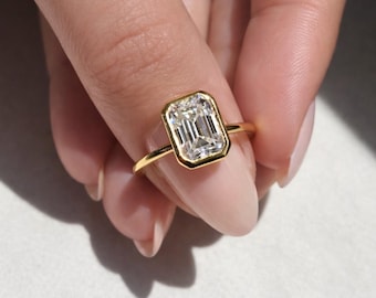 18k Yellow Gold Emerald Cut Diamond Bezel Set Solitaire Ring, Promise Ring, Anniversary Gift