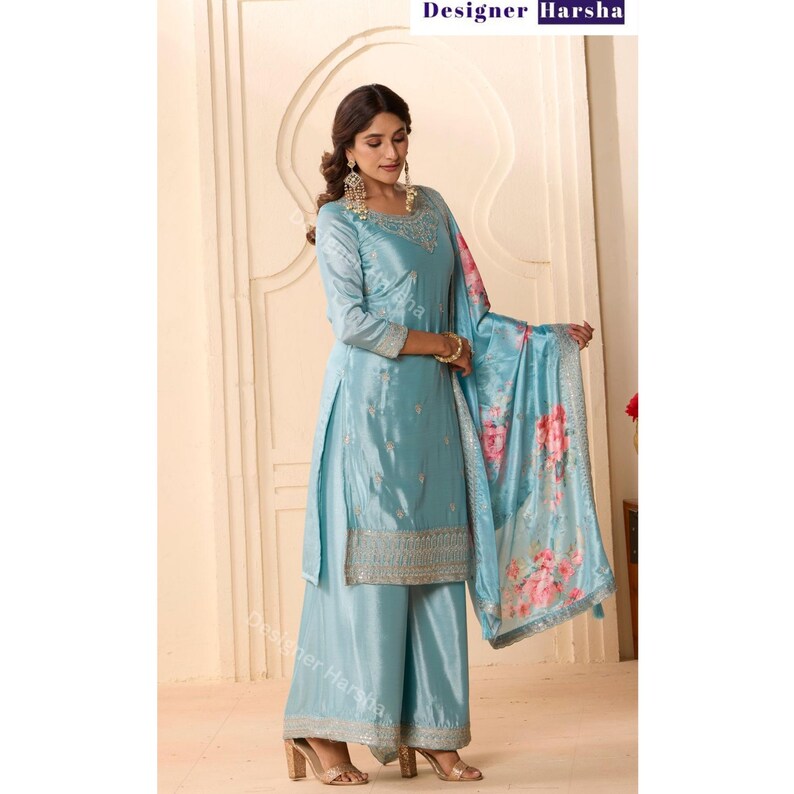 Embroidered Chinon Shalwar Kameez for Women, Pakistani Style Suit, Ladies Ethnic Party wear Palazzo Suits, Indian Festival Dresses image 4