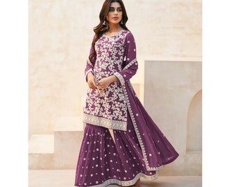 Glorious Purple Color Pakistani Indian Wedding Party Wear Designer Shalwar Kameez Dupatta Dress Heavy Embroidery Worked Sharara Palazzo Suit