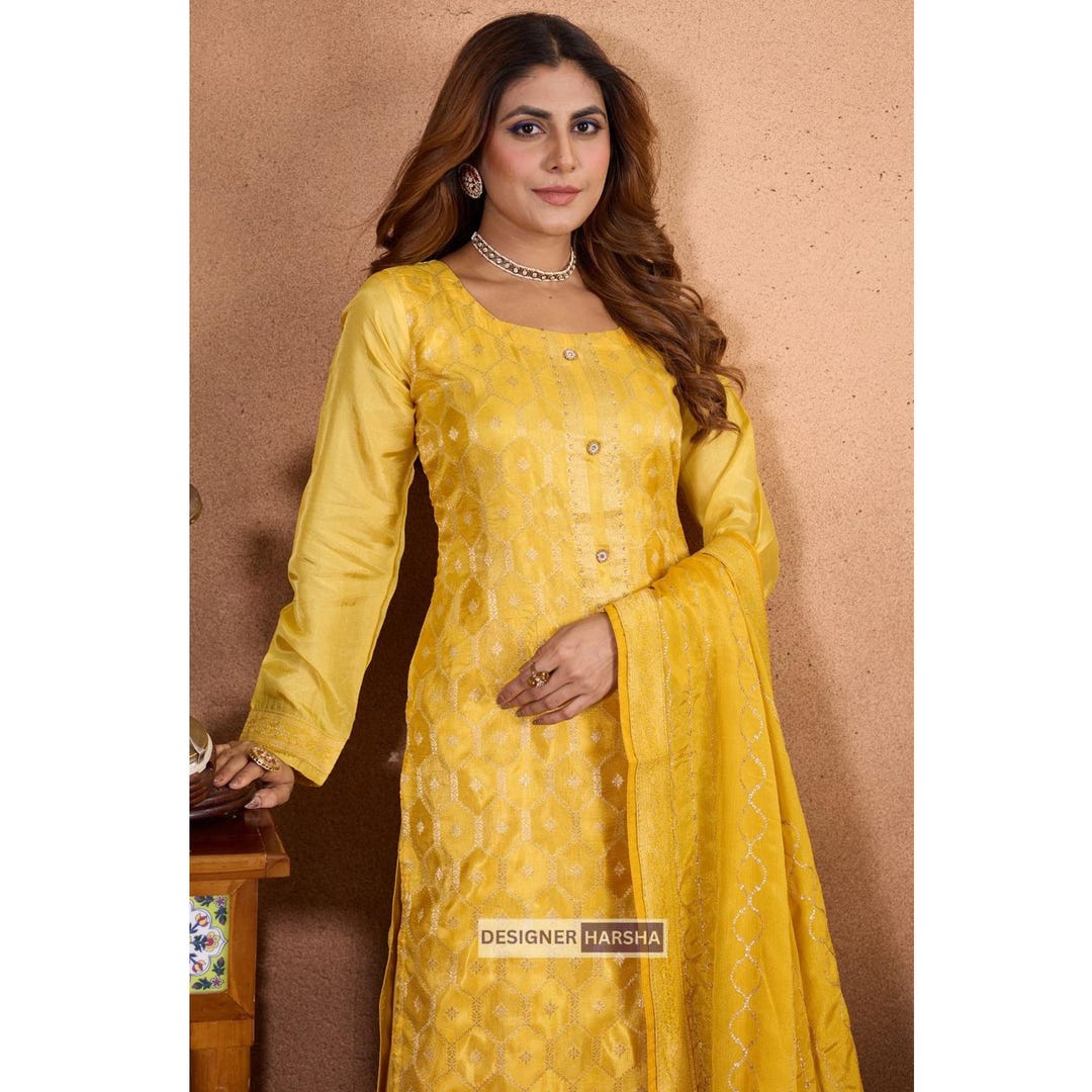 Pastel Style Yellow Embroidered Palazzo Dress for Weddings