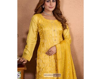 Vestido bordado personalizado, ropa india Haldi, trajes amarillos Salwar Kameez Plazzo