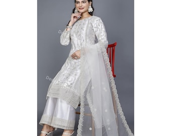 Embroidered Salwar Kameez for Women, Indian Pakistani Wedding Outfit, White Palazzo Suit
