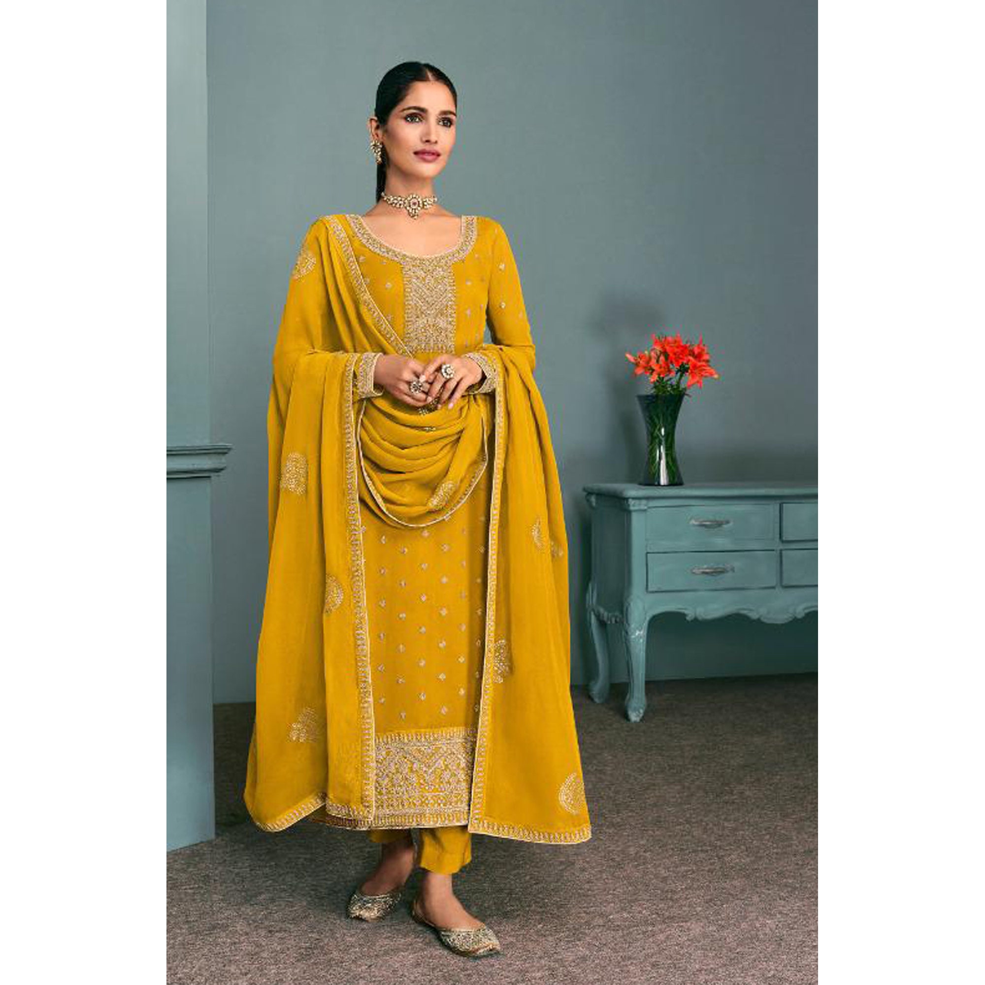 Light Yellow Sequin Salwar Suit - Absolutely Desi