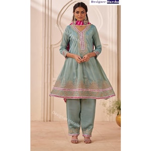 Designer Party wear Silk Anarkali Kurti Pant with Dupatta, Readymade Wedding Dresses for Women, Punjabi Wedding Guest Shalwar Kameez Dresses