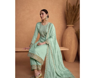 Haldi-Mehndi Functions Wear Beautiful Outfits Suits Indian Pakistani Wedding Wear Heavy Embroidery Work Straight Salwar Kameez Dupatta Dress