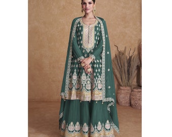 Women's Wear Designer Sharara Palazzo Suits Pakistani Indian Wedding Reception Party Wear Heavy Embroidery Work Shalwar Kameez Dupatta Dress