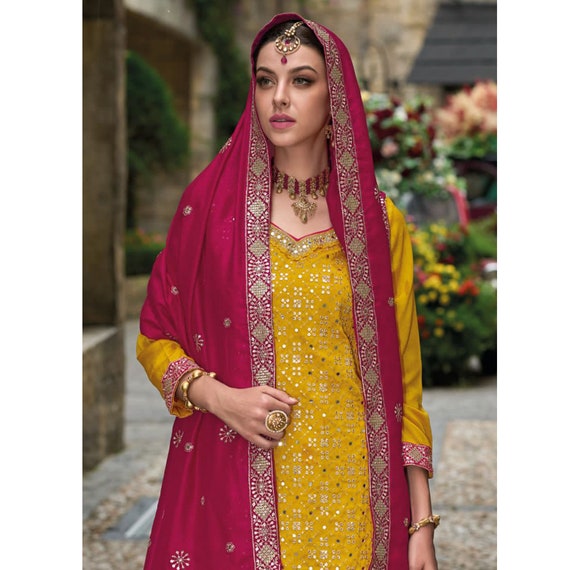 Buy Supreme Yellow Cotton Embroidered Plazo Salwar Suit With Chiffon  Dupatta at best price - Gitanjali Fashions