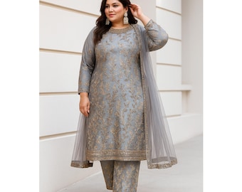 Plus Size Shalwar Kameez Suit, Heavy Embroidered Net Pakistani Eid wear Dresses