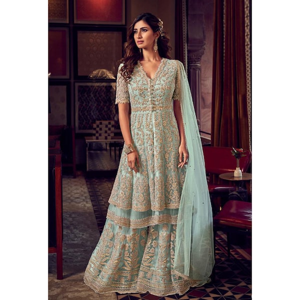 Bellissimo abito di design Anarkali Sharara Plazzo con ricamo pesante, abito da ricevimento di nozze indiano pakistano, abito da festa Salwar Kameez