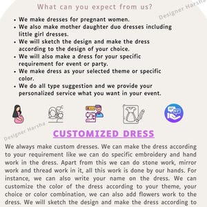 May include: A pink and purple graphic with the text "Your Personalized Shop" and "Customized Dress". The graphic includes illustrations of a pregnant woman, a mother and child, a couple sewing, a dress, and a chat bubble.