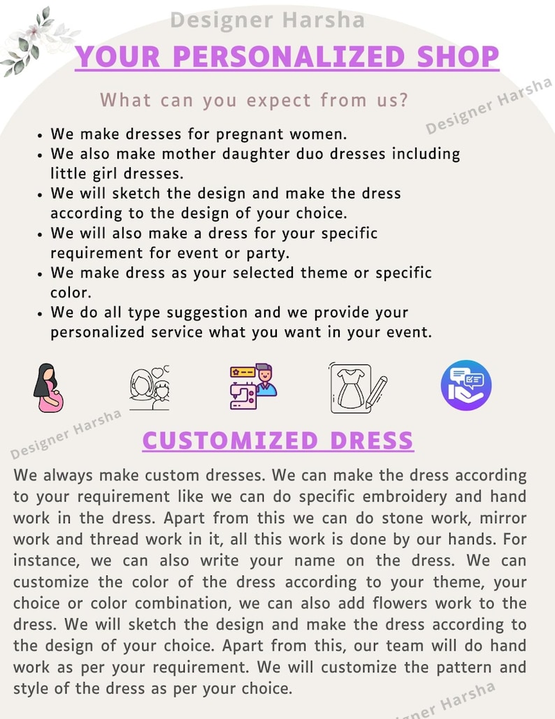 May include: A pink and purple graphic with the text "Your Personalized Shop" and "Customized Dress". The graphic includes illustrations of a pregnant woman, a mother and child, a couple sewing, a dress, and a chat bubble.