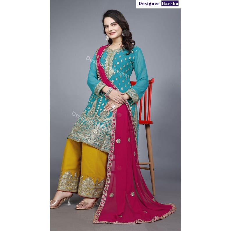 Haldi-Sangeet Funktionskläder, Pakistanska kläder för kvinnor, Färdiga Salwar Kameez med Dupatta bild 5