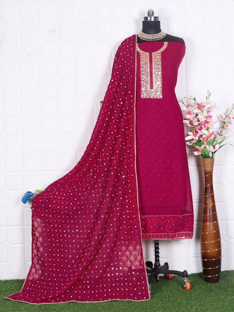 Pakistani Eid Party wear Outfit, Green Embroidered Georgette Salwar Kameez Suits Choice - 3