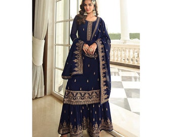 Eid Wear Designer Shalwar Kameez Palazzo Suits Heavy Embroidery Worked Pakistani Indian Wedding Wear Beautiful Salwar Kameez Dupatta Dresses