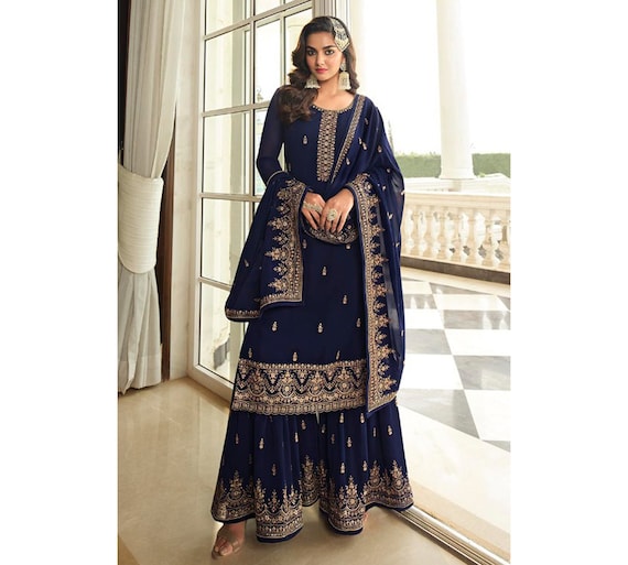 Buy Palazzo - blue Embroidered Designer Palazzo Suit