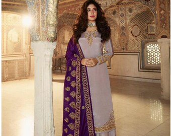 New Year's Party Wear Beautiful Shalwar Kameez Palazzo Suits Georgette Dupatta Embroidered Handmade Worked Indian Wear Sharara Palazzo Dress