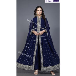 Indian Wedding Gown Dress, Party Dresses for Women Indian, Pakistani Wedding Guest Dress, Lavish Navy Blue Designer Slit Anarkali Gown Suits