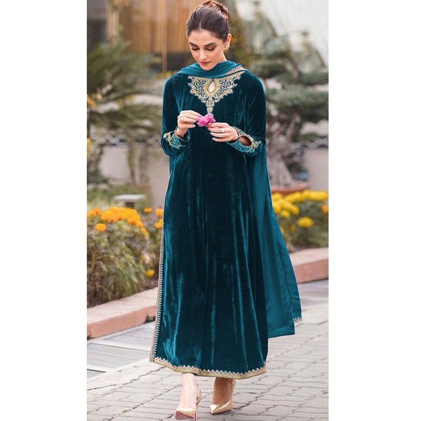 Women's Wear Designer Velvet Shalwar Kameez Dupatta Dresses Heavy Embroidery Worked Pakistani Indian Ethnic Wear Straight Trouser Pant Suits