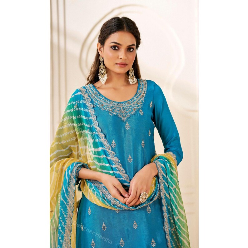 Eid spezielles pakistanisches Kleid, gestickter Chinon Salwar Kameez Plazzo-Anzug, indische Abendkleidung Outfit Bild 6