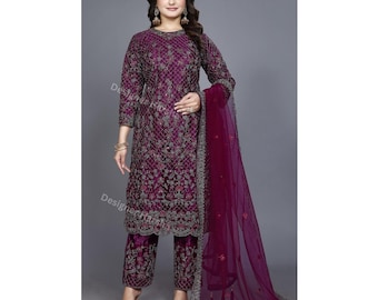 Wine Salwar Kameez with Dupatta, Heavy Net Embroidery, Pakistani Wedding Trouser Pant Suits