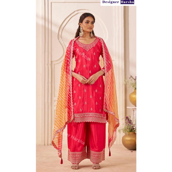 Eid Special Pakistani Dress, Embroidered Chinon Salwar Kameez Plazzo Suit, Indian Formal wear Outfit