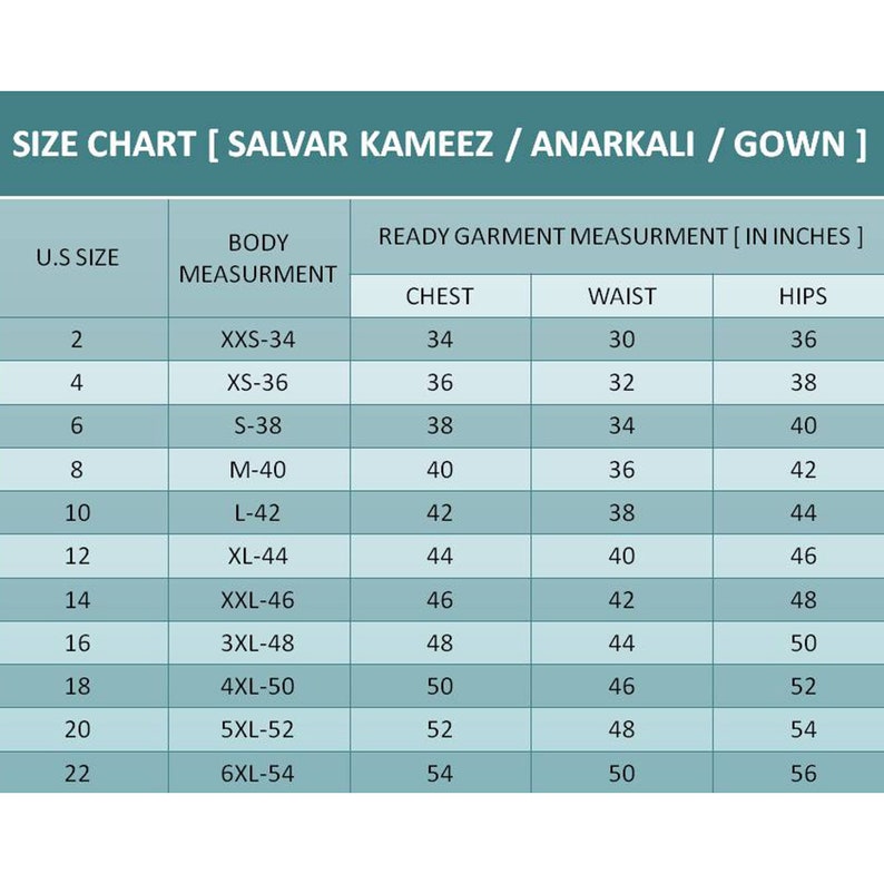 May include: Size chart for Salvar Kameez, Anarkali, and Gown garments. The chart shows US sizes 2 to 22, with corresponding body measurements in inches, and ready garment measurements in inches for chest, waist, and hips.
