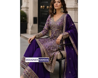Pakistani Indian Wedding Reception Party wear Heavy Embroidered Sharara Palazzo Suit with Dupatta