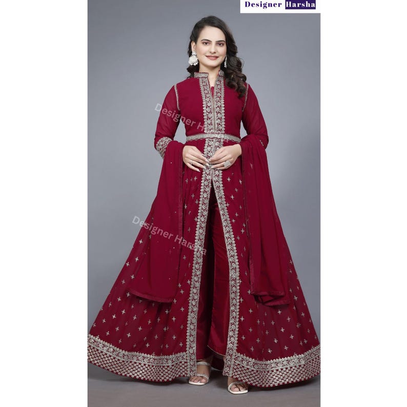 Eid Party wear Dress, Slit Anarkali Gown Suit, Georgette Stitched Gown, Wedding Reception Dresses Choice - 2