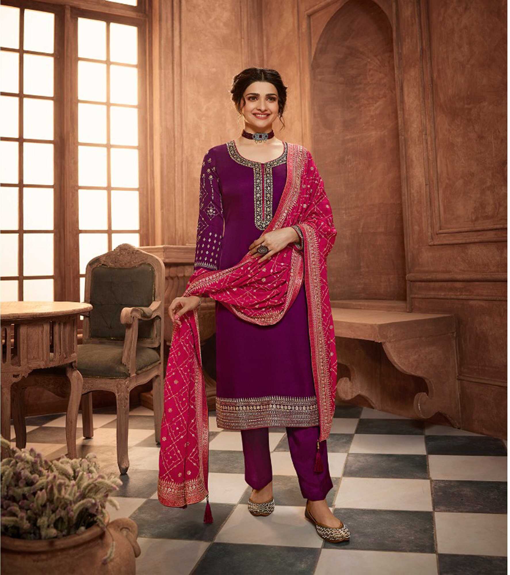 Purple Straight Cut Pant Suit With Woven Dupatta 3590SL09