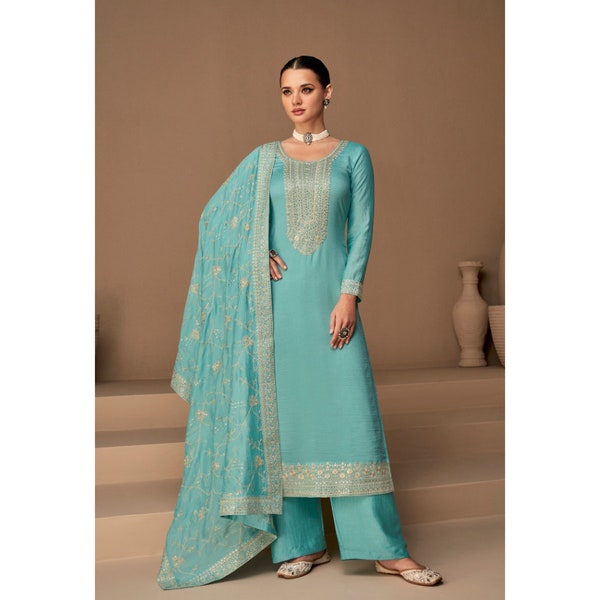 Beautiful Designer Salwar Kameez Palazzo Suit Indian Pakistani Wedding Party Wear Hand Made Embroidery Worked Shalwar Kameez Dupatta Dresses