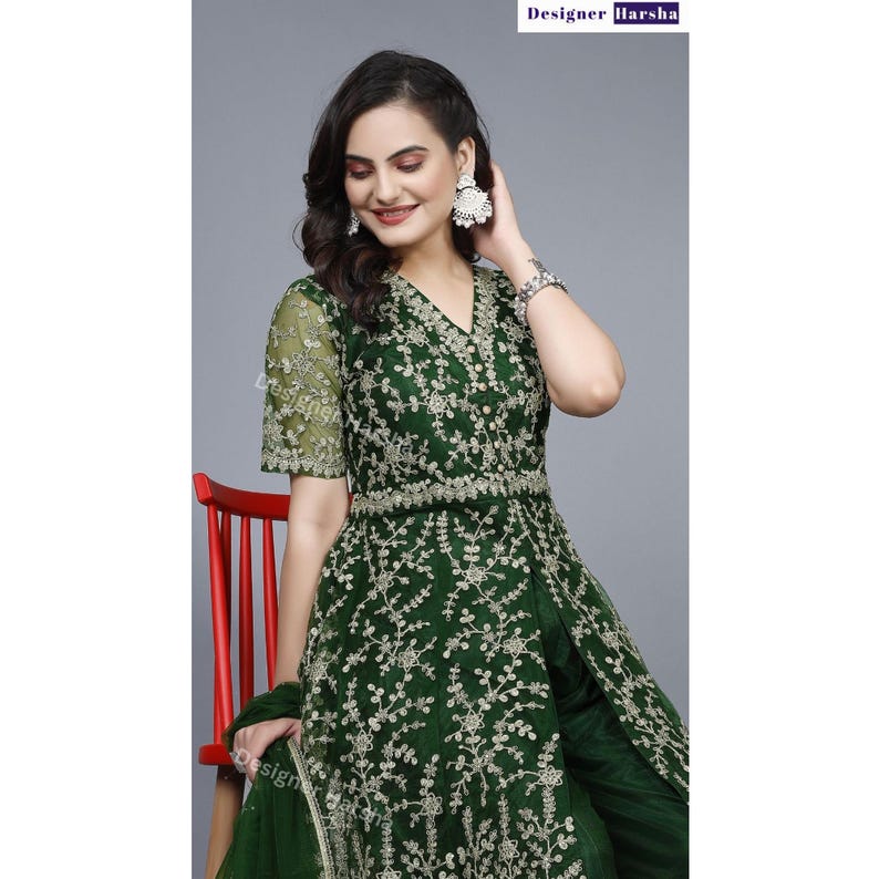 Heavy Embroidered Anarkali Top with Palazzo Suit, Pakistani Salwar Kameez with Net Dupatta image 8