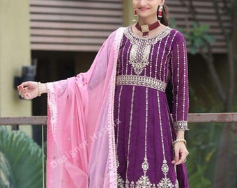 Salwar Kameez med Dupatta, lila Lehenga Kameez-kostym, broderad pakistansk Nikah-klädsel