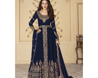 Lovely Navy Blue Color Designer Anarkali Gown Suits Pakistani Reception Wear Heavy Stone Worked Anarkali Salwar With Dupatta Dress for Women