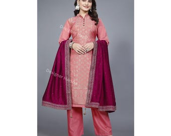 Kläder för speciella tillfällen Sydd rosa färgad kurta med byxset, Punjabi Shalwar Kameez Dupatta-kostymer