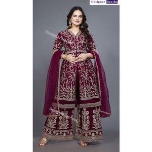 Heavy Embroidered Anarkali Top with Palazzo Suit, Pakistani Salwar Kameez with Net Dupatta Choice - 2