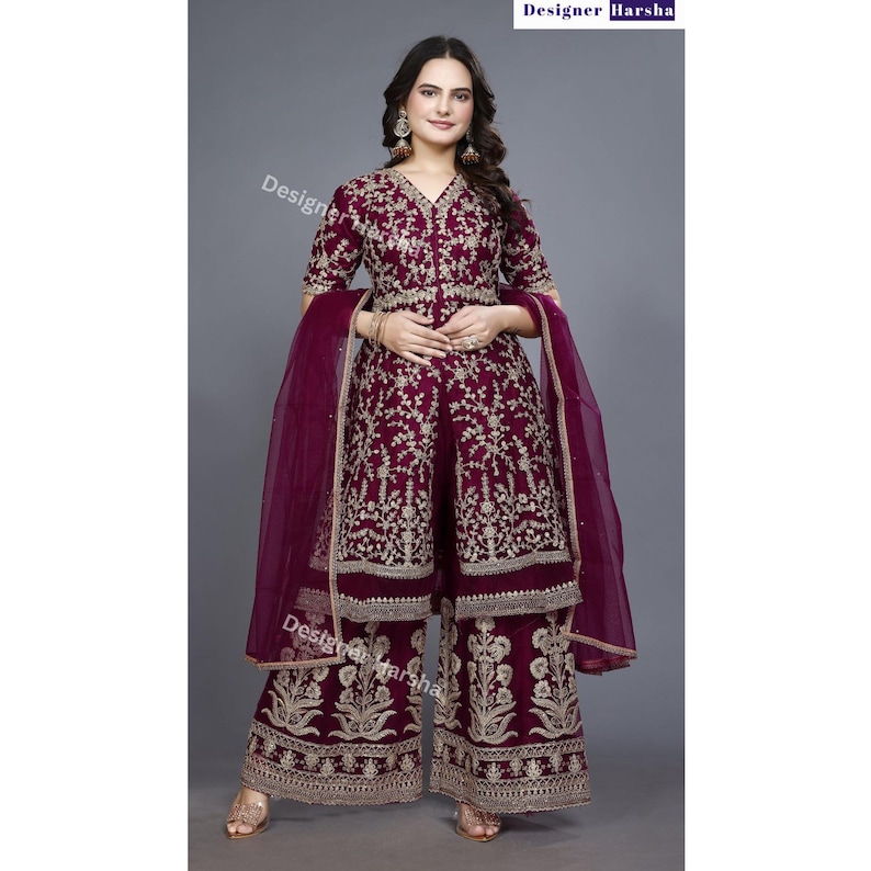 Heavy Embroidered Anarkali Top with Palazzo Suit, Pakistani Salwar Kameez with Net Dupatta Choice - 2