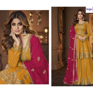 Wondrous Yellow Color Designer Shalwar Kameez Dupatta Dress Women's Wear Beautiful Heavy Embroidery Sequence Work Salwar Kameez Lengha Suits
