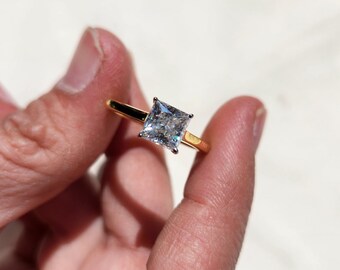 Princess Cut Diamond Ring, Solitaire Engagement Rings for Women, 1 Carat Moissanite Ring, Yellow Gold Rings, Promise Ring
