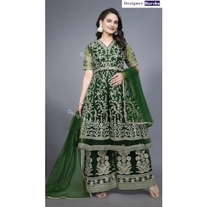 Heavy Embroidered Anarkali Top with Palazzo Suit, Pakistani Salwar Kameez with Net Dupatta Choice - 3